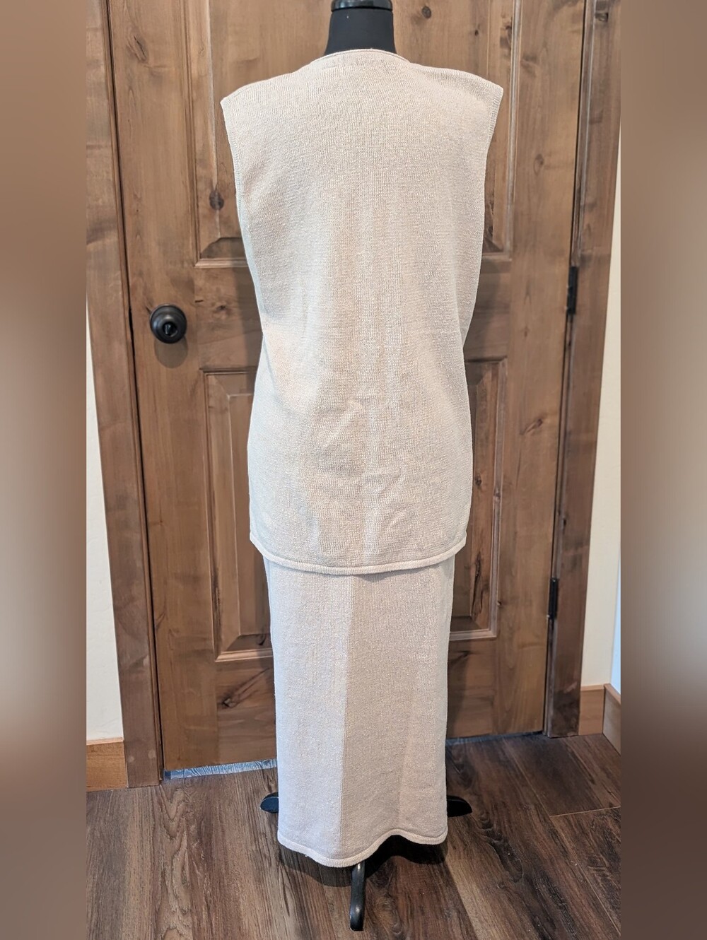 Version Originale Taupe Cotton Two-Piece Knit Button Vest Maxi Skirt Set Sz S/M - Picture 3 of 10